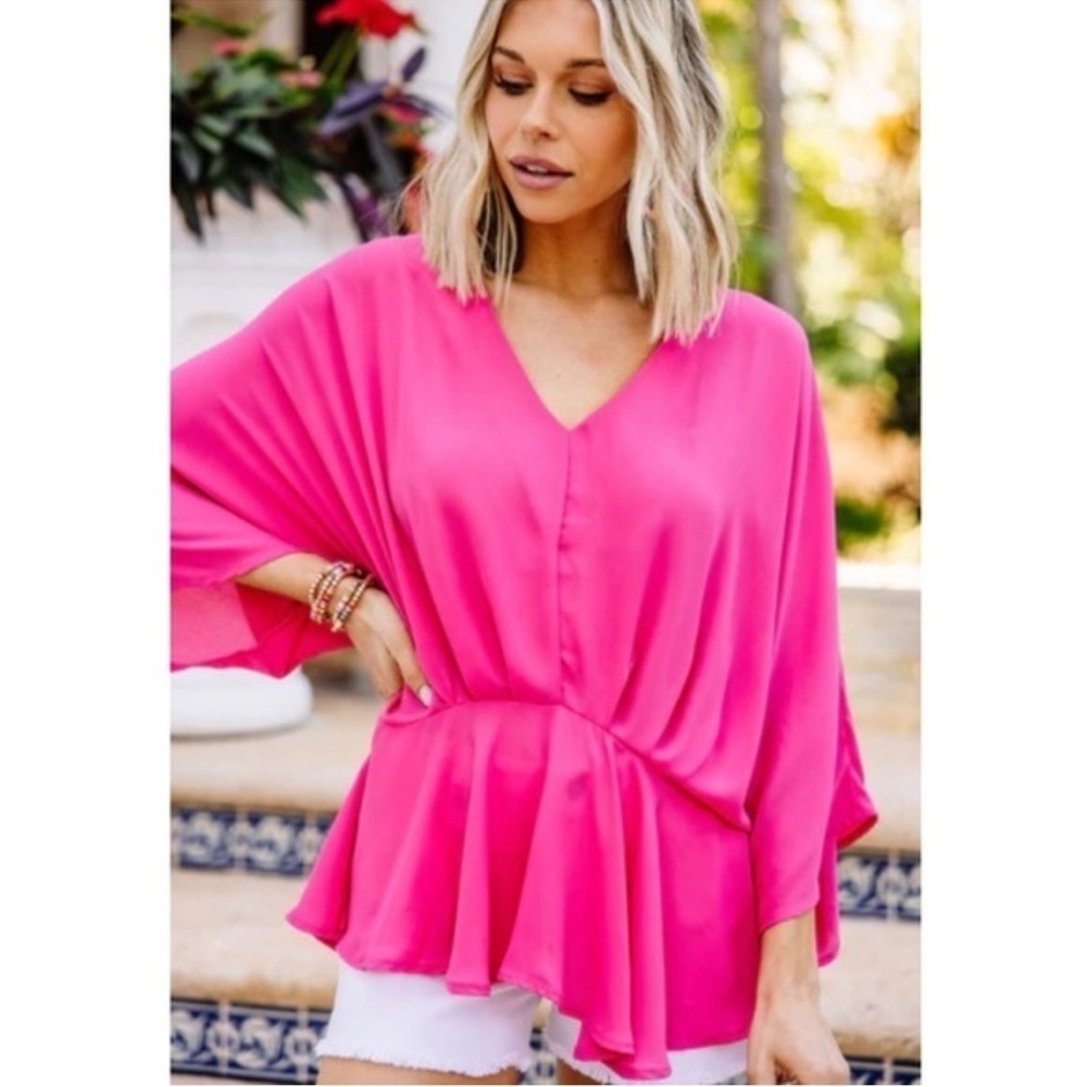 M Shop the Mint Women's Size Medium Blouse V-Neck Peplum Batwing Bright Pink